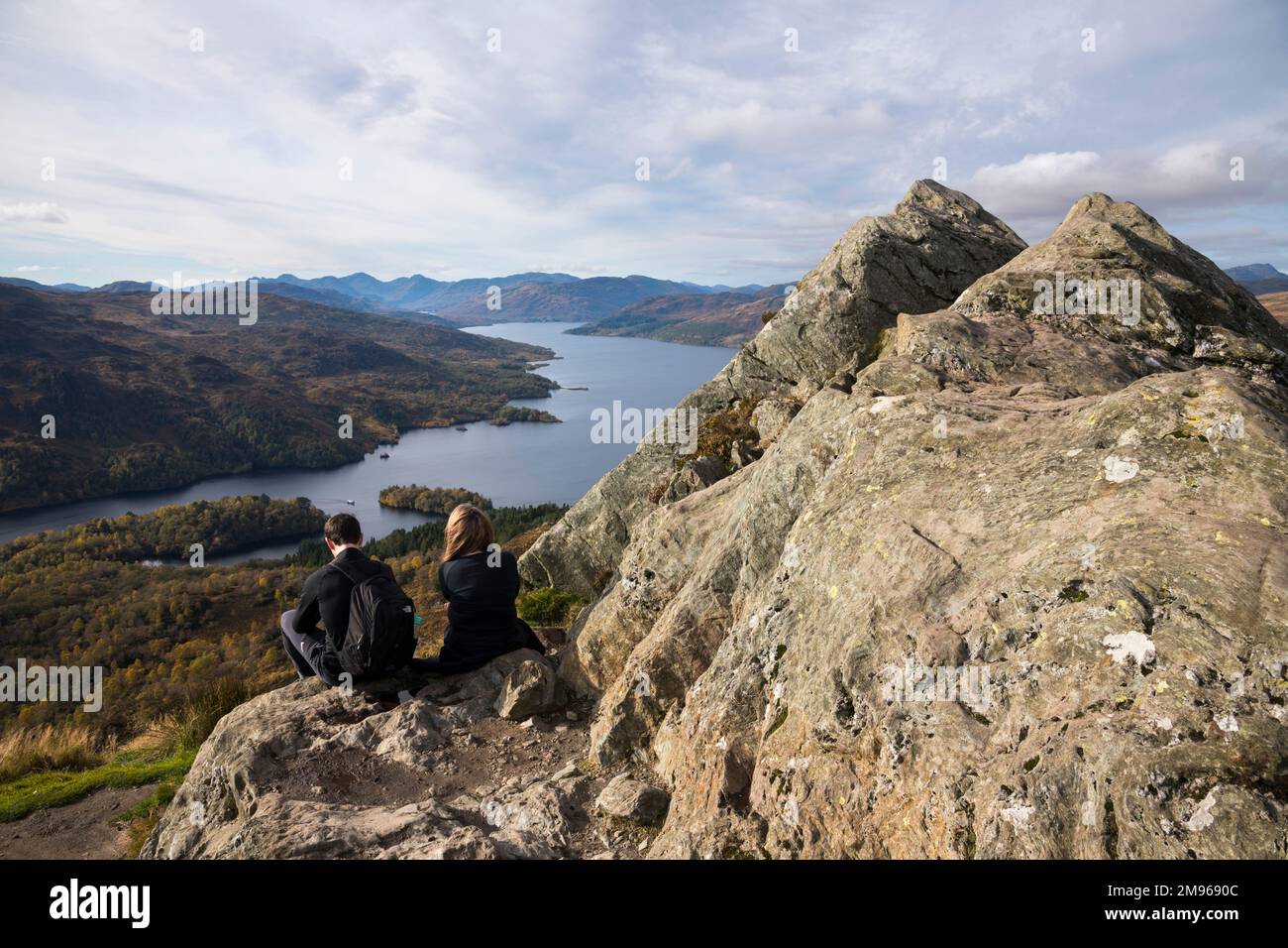 Summit of Ben A'an, looking towards Loch Katrine, Loch Lomand and Trossachs National Park, Scotland Stock Photo