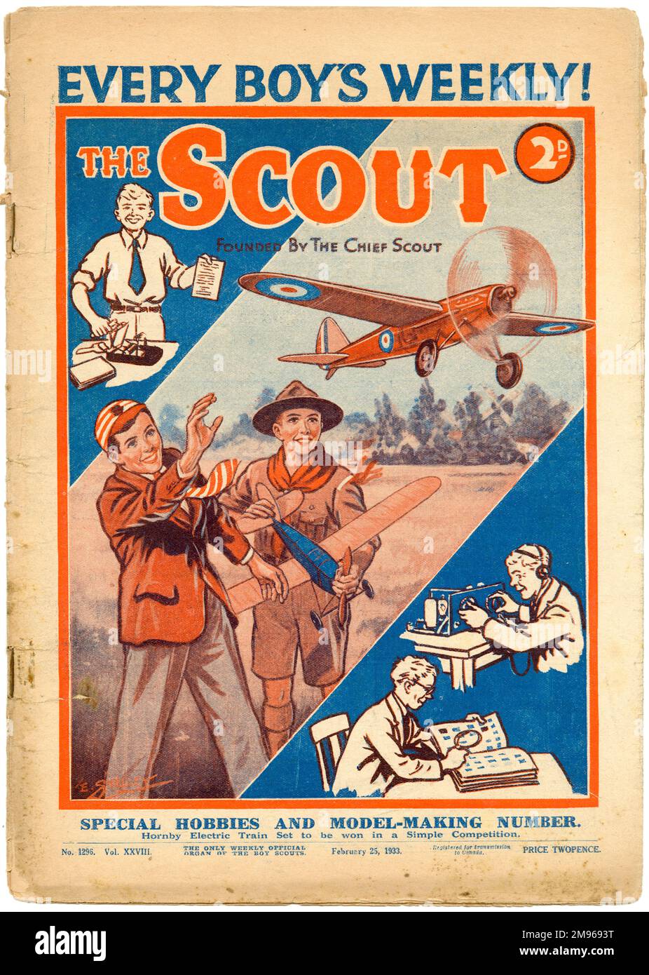 Front cover of The Scout magazine, 'The Only Weekly Official Organ of the Boy Scouts'.  As this particular issue is the Special Hobbies and Model-Making number, the front cover depicts two jolly boys, one in a Scout uniform flying toy planes which they have evidently knocked up out of wood with some whittling tools and glue.  Other busy boys are seen indulging in wholesome activities - with a home made wireless sets, printing things and, of course, perusing a stamp album. Stock Photo