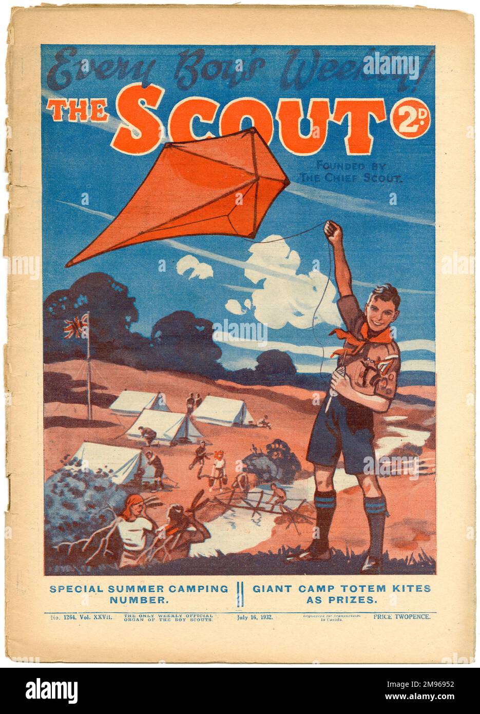 Front cover of The Scout magazine, 'the only weekly official organ of the Boy Scouts' featuring a happy boy scout flying a kite while all his fellow scouts carry out the manly tasks of pitching tents, gathering firewood and building bridges. Stock Photo