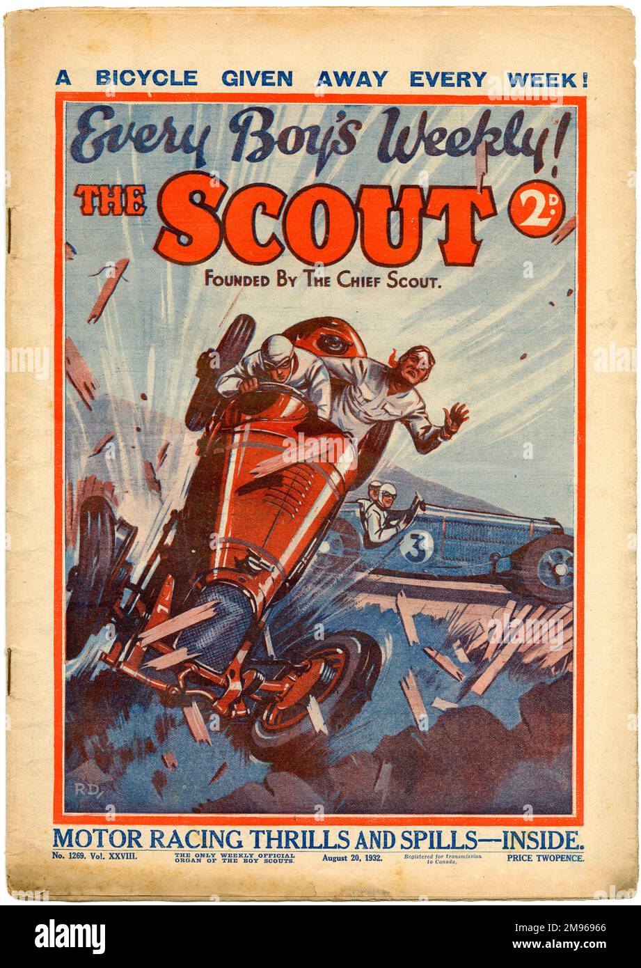 Front cover of The Scout magazine showing a rather calamitous motor racing crash, with more 'motor racing thrills and spills' promised inside. Stock Photo