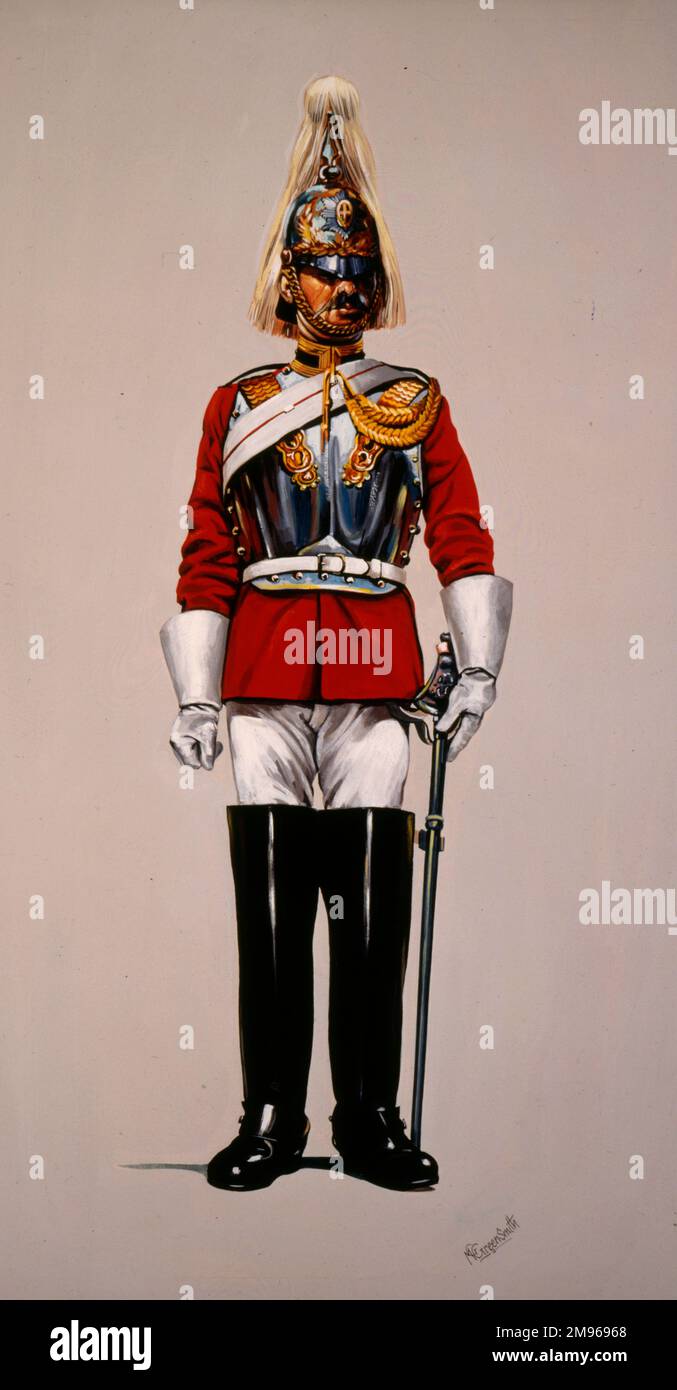 Life Guard - Lance Corporal - Mounted Review Order (wearing cuirass). Painting by Malcolm Greensmith Stock Photo