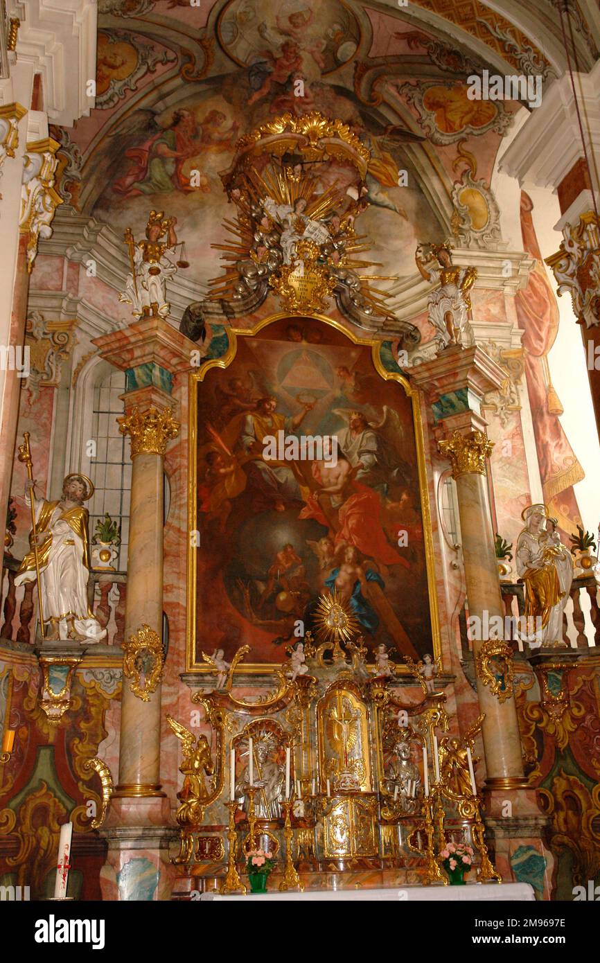 View of the baroque altar in the Dominican Convent Church in Landsberg am Lech, Bavaria, Germany.  The church was built in 1720. Stock Photo