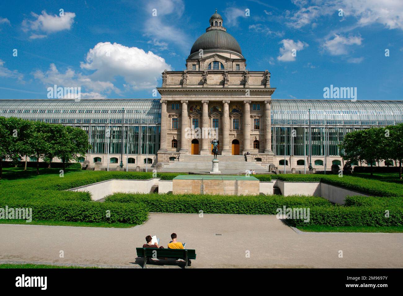 View of the Bavarian State Chancellery in Munich, Germany.  It contains the office of the Bavarian Prime Minister and the State Government of Bavaria, as well as the Bavarian State Ministry of Federal and European Affairs. Stock Photo