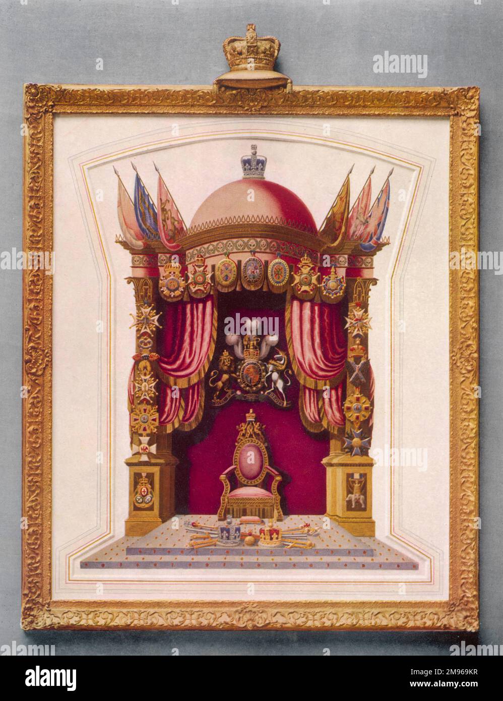 The throne of King George IV by T. Dowse, 'inventor of the burnished raised gold and silver in imitation of the ancient missal' presented in a gilt frame. Stock Photo