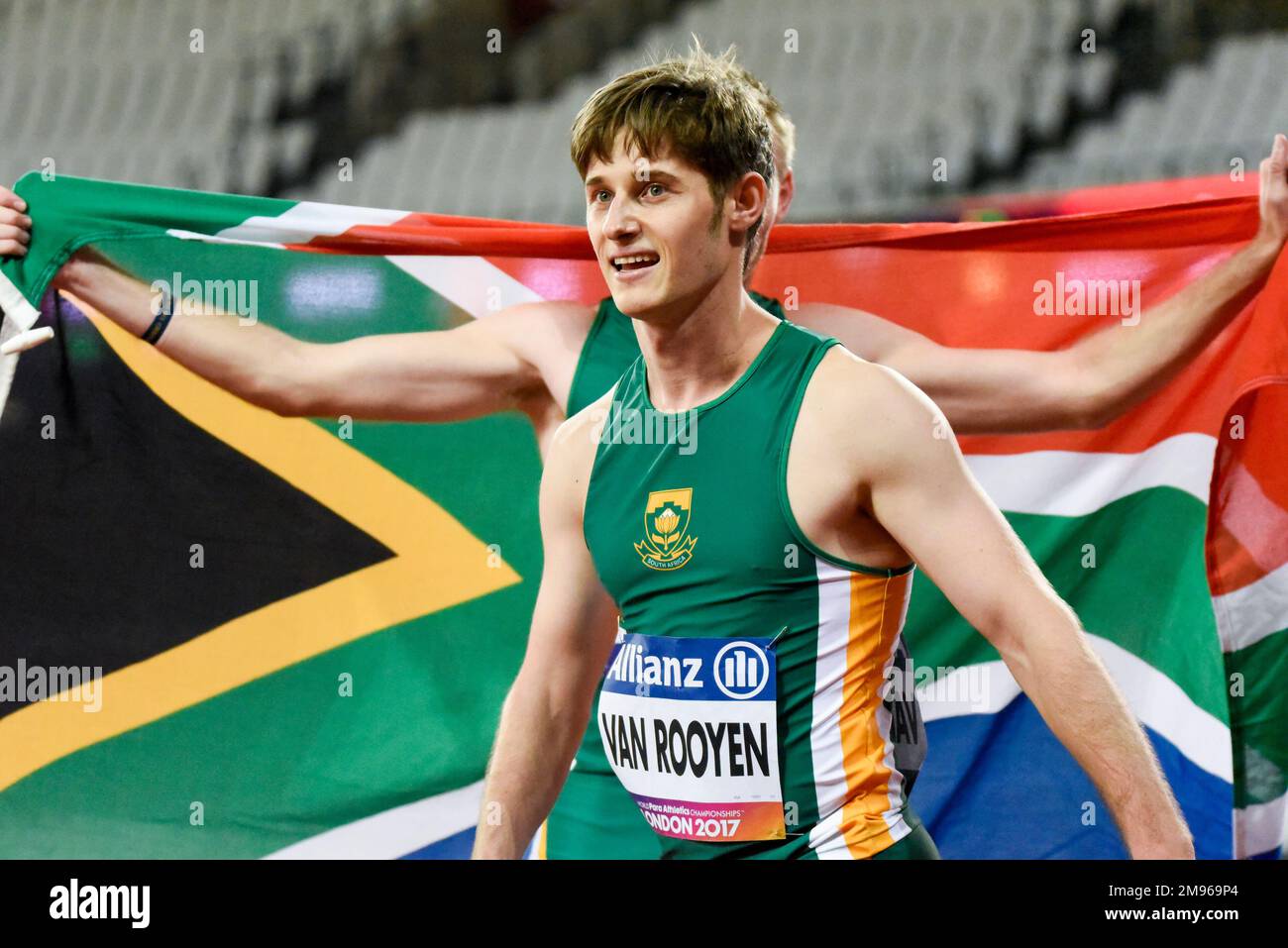 Ruhan van Rooyen after running in the 200m T37 class in the 2017 World Para Athletics Championships in the London Stadium, UK. South African athlete Stock Photo