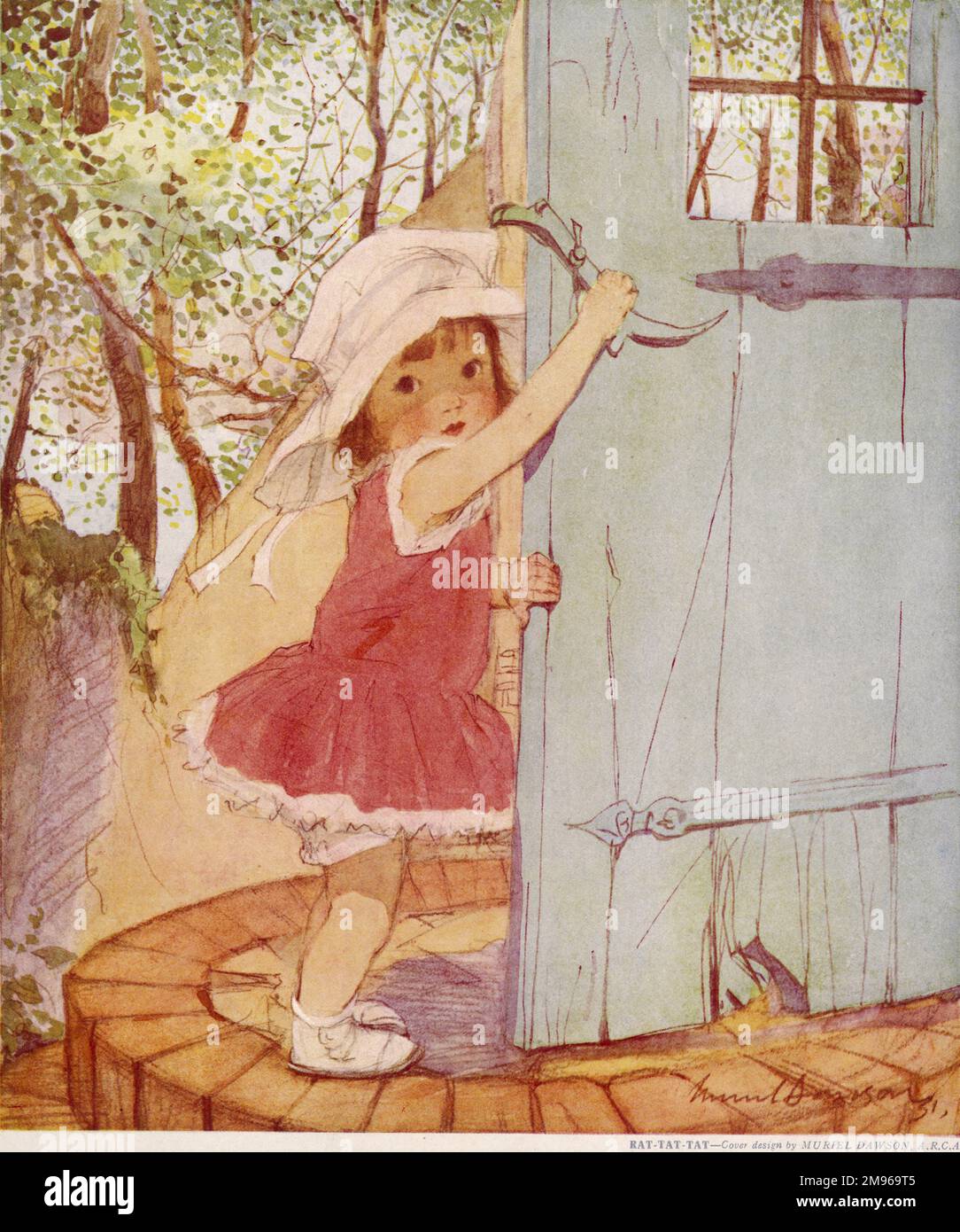 A sweet and engaging little girl in a red dress and wide-brimmed sun hat, opens a door using an old-fashioned latch. Stock Photo