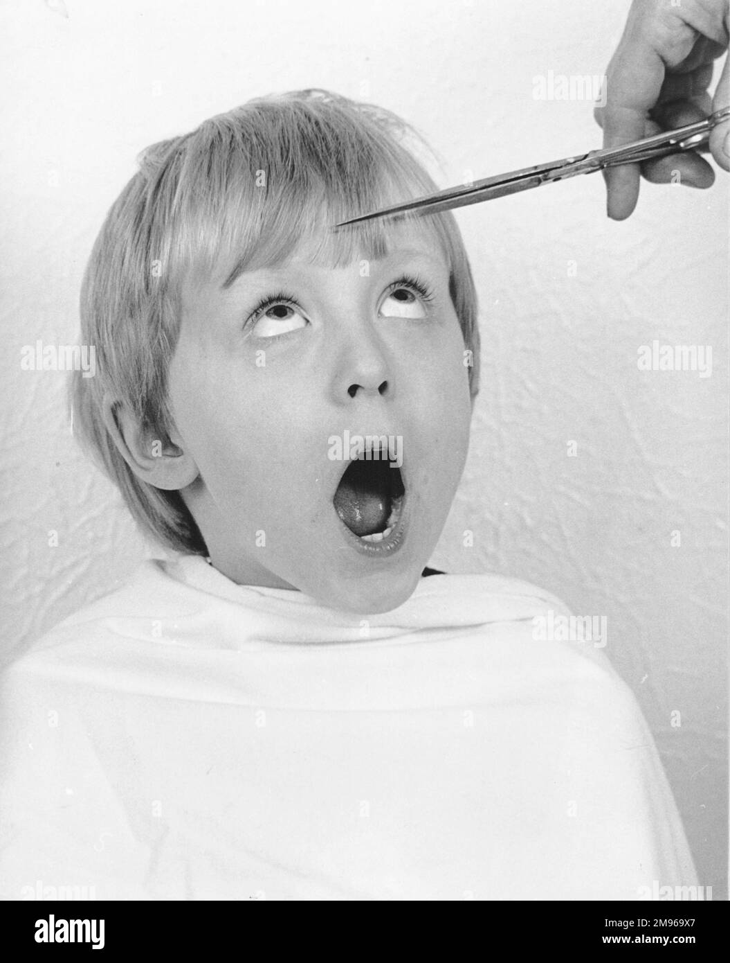 A young boy having a haircut.  He looks up in mock horror as the scissors begin to cut across his nice blond fringe. Stock Photo