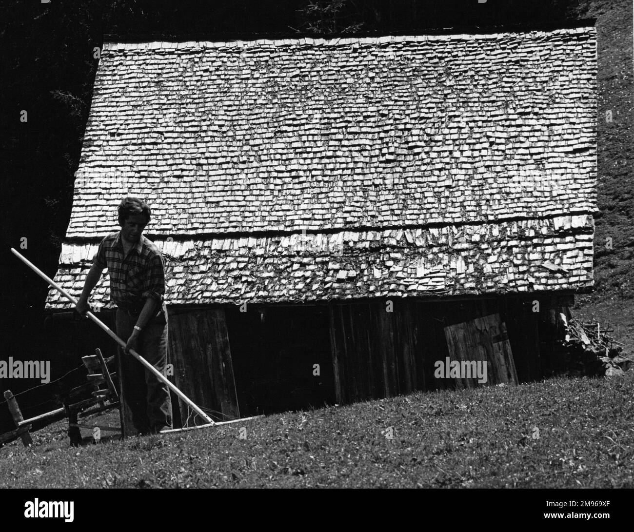 A Man Tending The Grass Near A Chalet In Switzerland The Chalet s