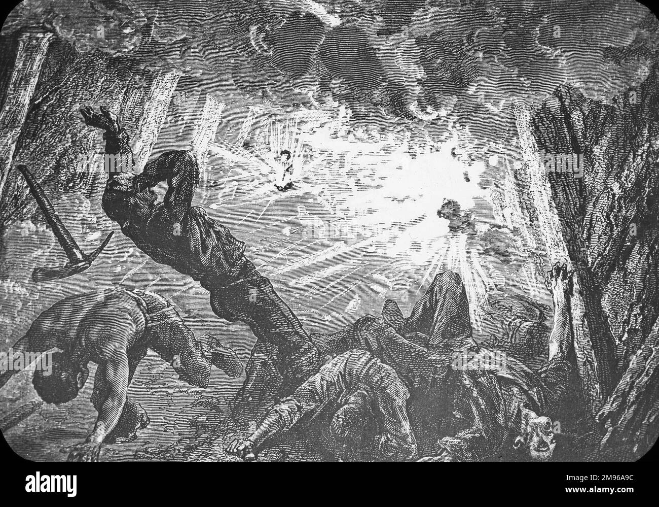 An artist's impression of a colliery explosion caused by firedamp, used in lectures on mining, taken from the Illustrated London News. Stock Photo
