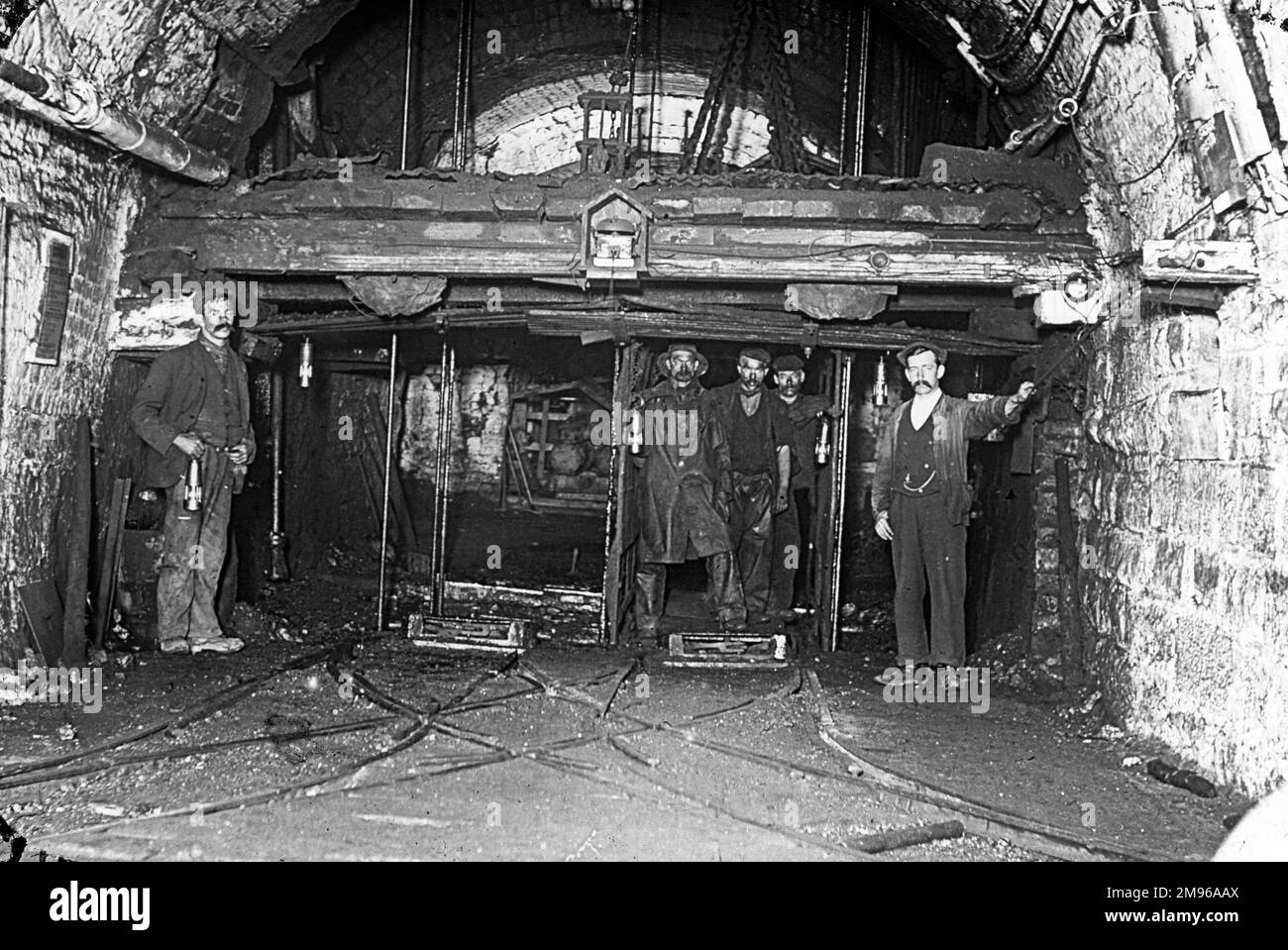 A group of miners at the pit bottom of Tirpentwys Colliery, near