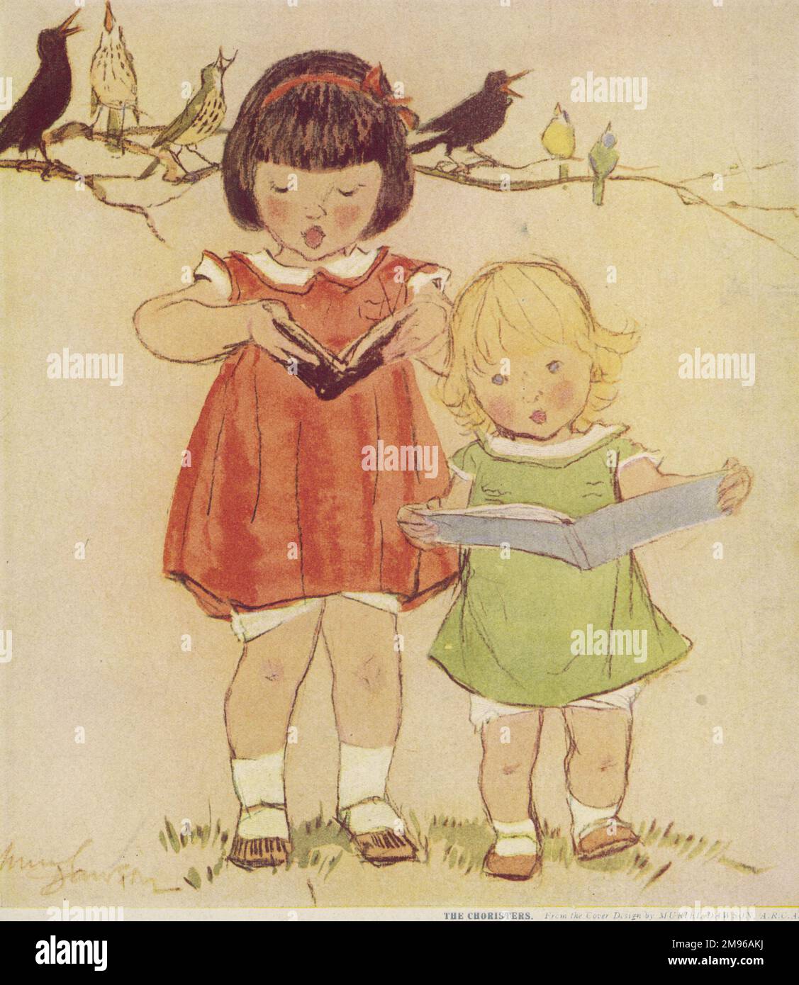 Two sweet little girls stand together and sing from song books, accompanied by chirping birds on a tree branch behind them. Stock Photo