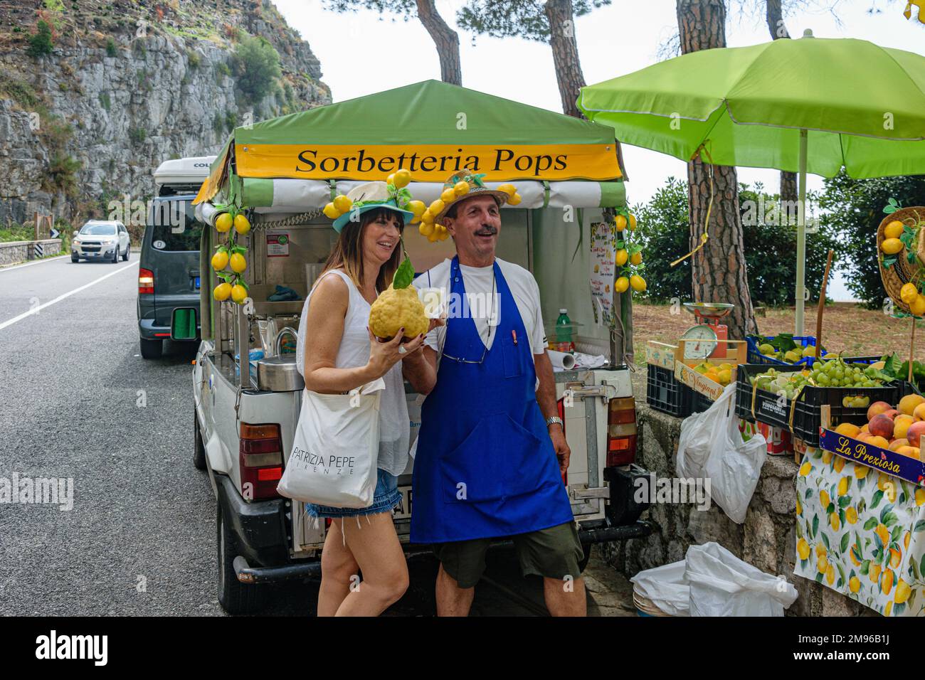 Roadside fruit and veg on the Amalfi Coast. The large lumpy lemon is called a citron, or cedri, and is special to the area. Stock Photo