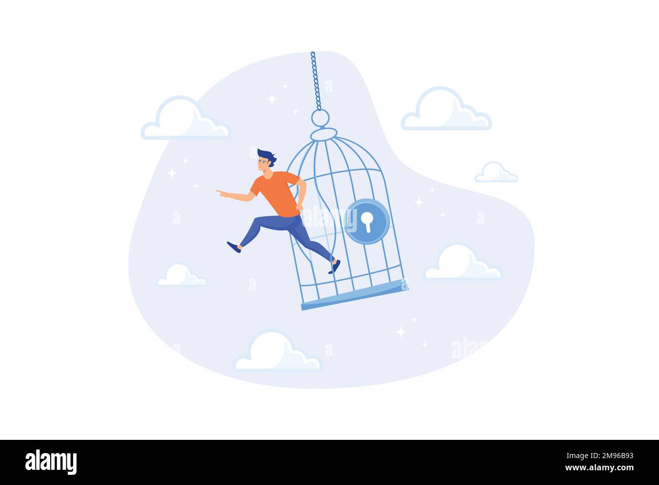 Courage to escape for freedom, get out of comfort zone to find new job, open mind or fly away for better life, hope and liberty concept, flat vector m Stock Vector