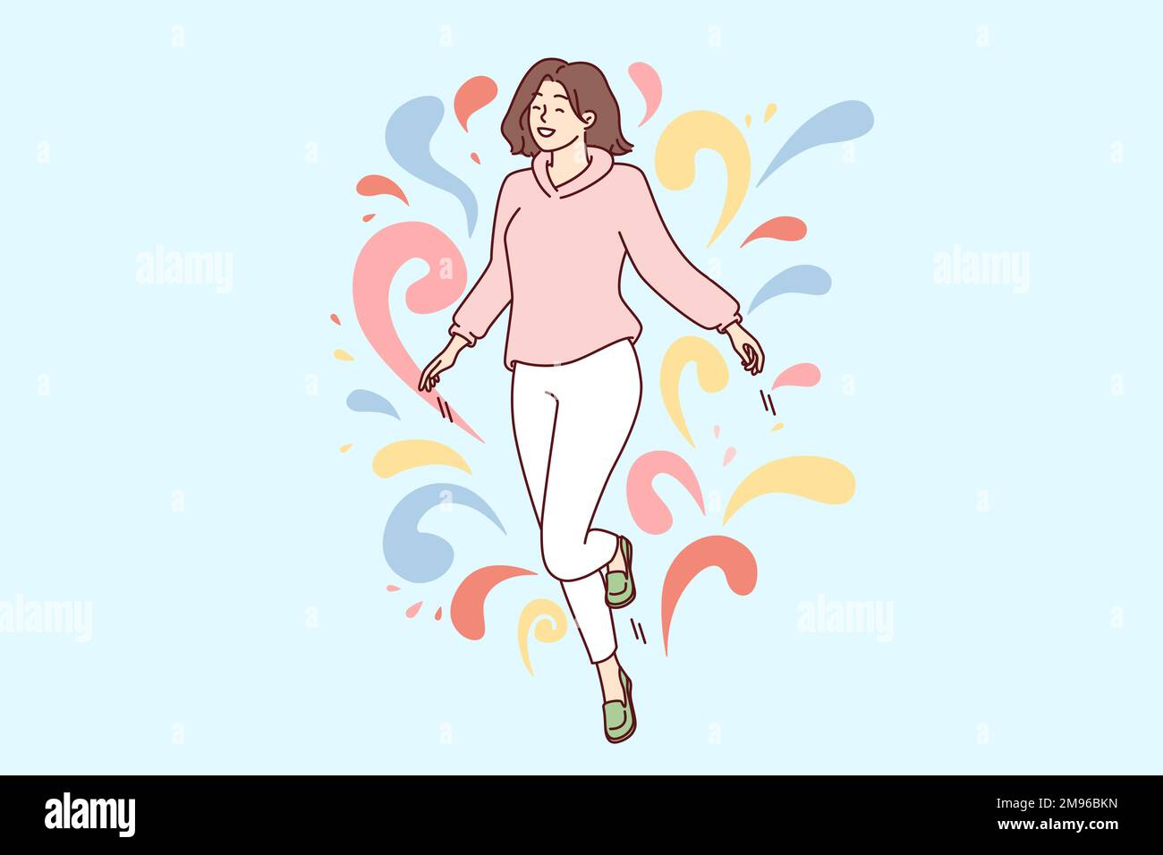 Woman walks in weightlessness and waves arms located among multi-colored drops flying in different directions. Carefree girl feels happy after dating or taking antidepressants. Flat vector design  Stock Vector