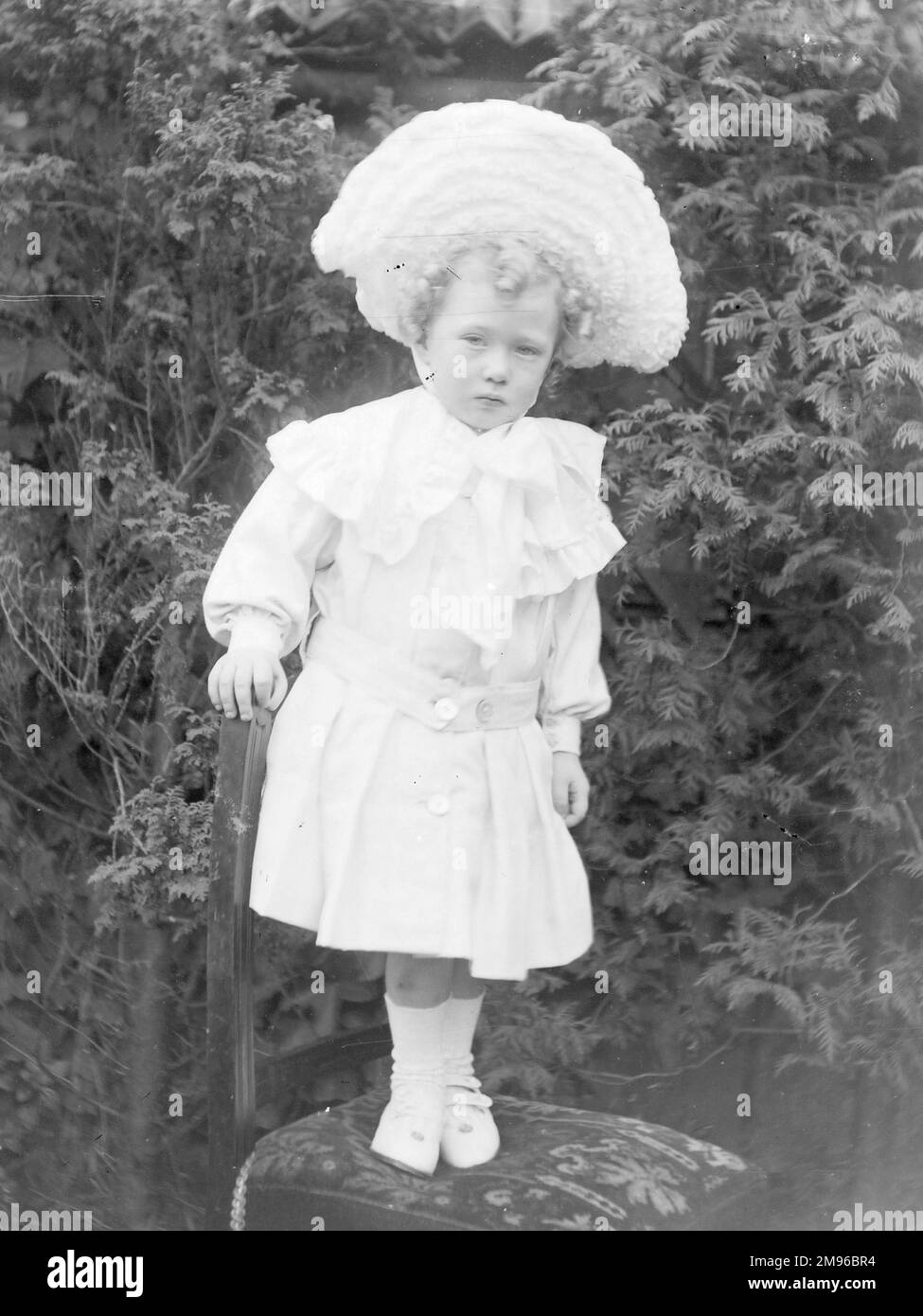 A little Edwardian girl standing on a chair in a garden, Mid Wales, wearing a huge white hat, a white dress, and white socks and shoes.  Her hair is in blond ringlets. Stock Photo