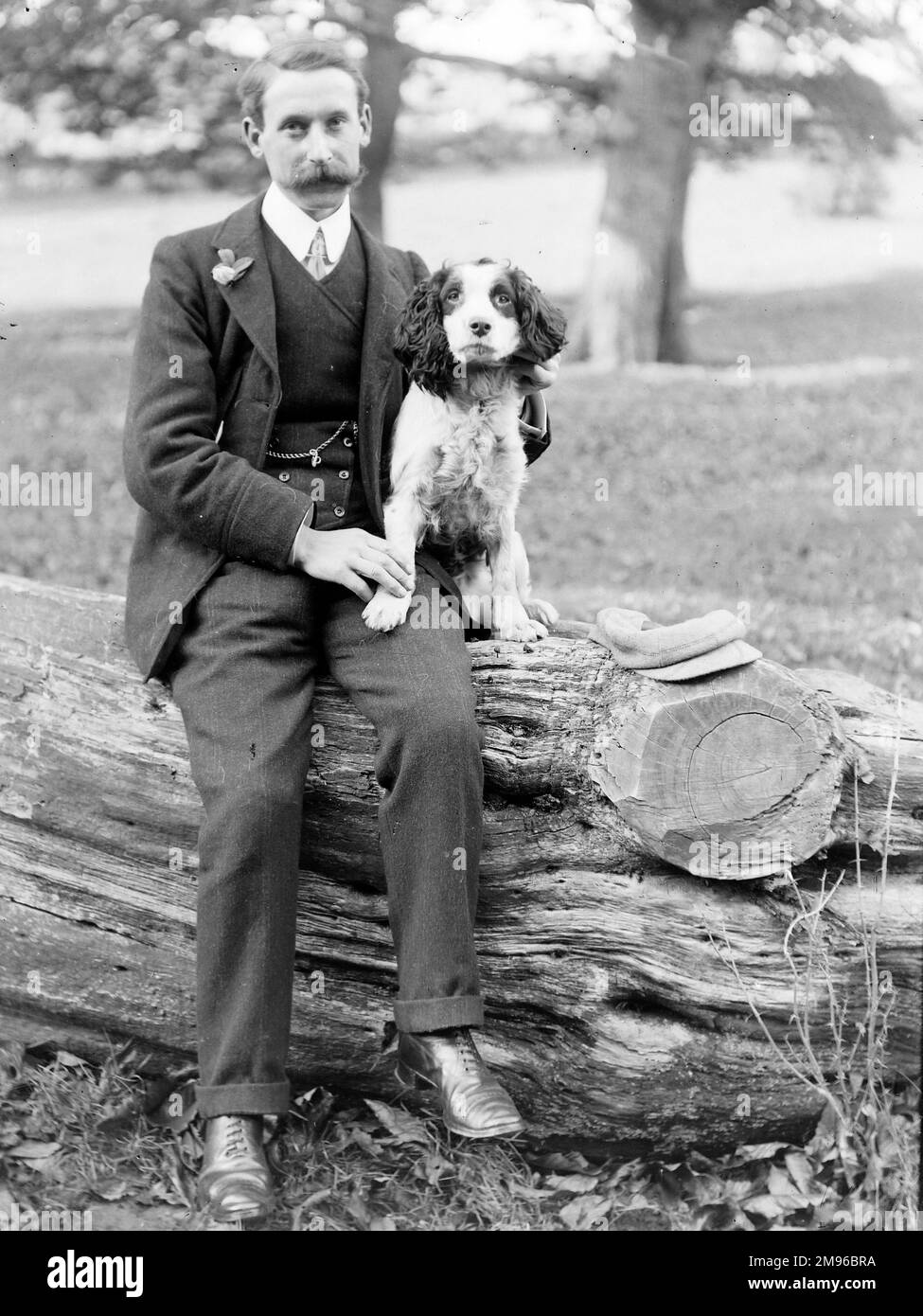 A middle aged man sits on a large felled tree trunk in a country house garden somewhere in Mid Wales, with a spaniel at his side. Stock Photo