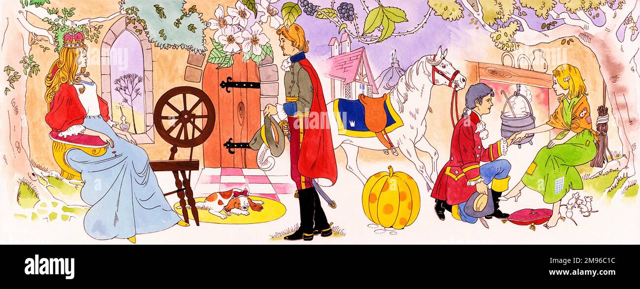 A composite illustration of two children's stories -- Prince Charming fits the glass slipper on Cinderella (right), and a prince encounters a princess (possibly Princess Aurora, Sleeping Beauty) sitting at a spinning wheel (left). Stock Photo