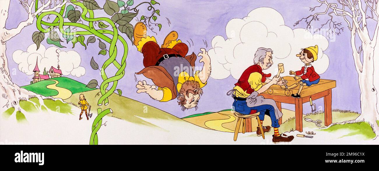 A composite illustration of two children's stories -- Geppetto making Pinocchio at a table (right), and the Giant falling off the Beanstalk (left), watched by Jack (in the distance) who has just chopped it down. Stock Photo