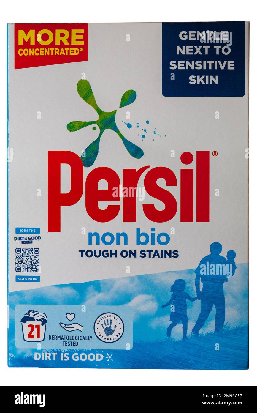 box of Persil non bio washing powder tough on stains gentle next to sensitive skin more