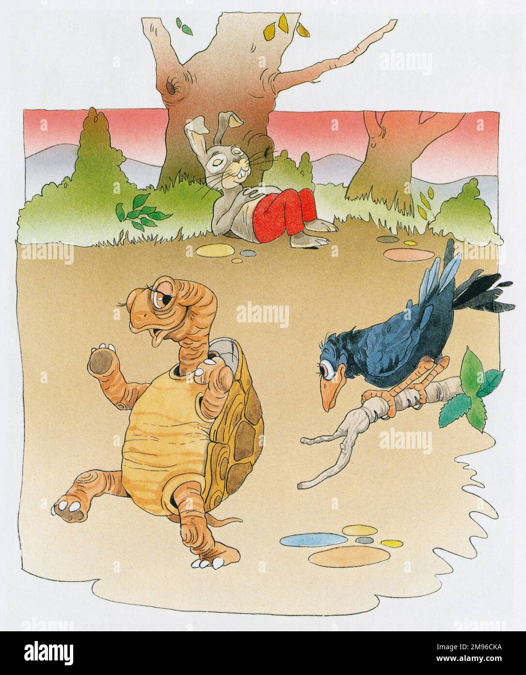 The complacent hare takes a nap under a tree while the Tortoise romps home in this cautionary tale advocating the slow and steady over the fast and flippant. Illustration by Malcolm Greensmith. Stock Photo