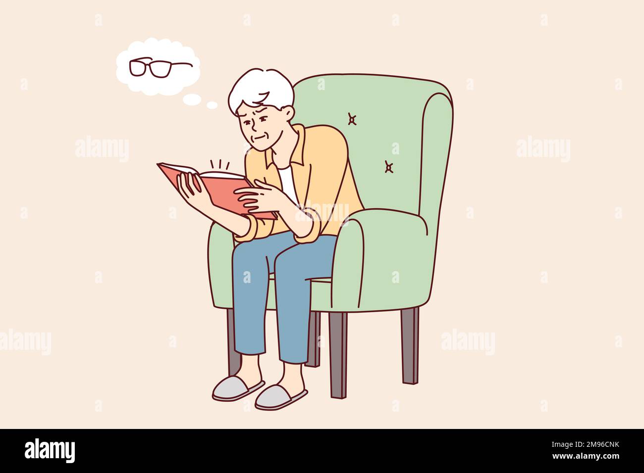 Elderly man reading book thinks about need to buy glasses to improve vision. Gray-haired human sits in chair realizing that he is starting to lose sight while studying literature. Flat vector design  Stock Vector