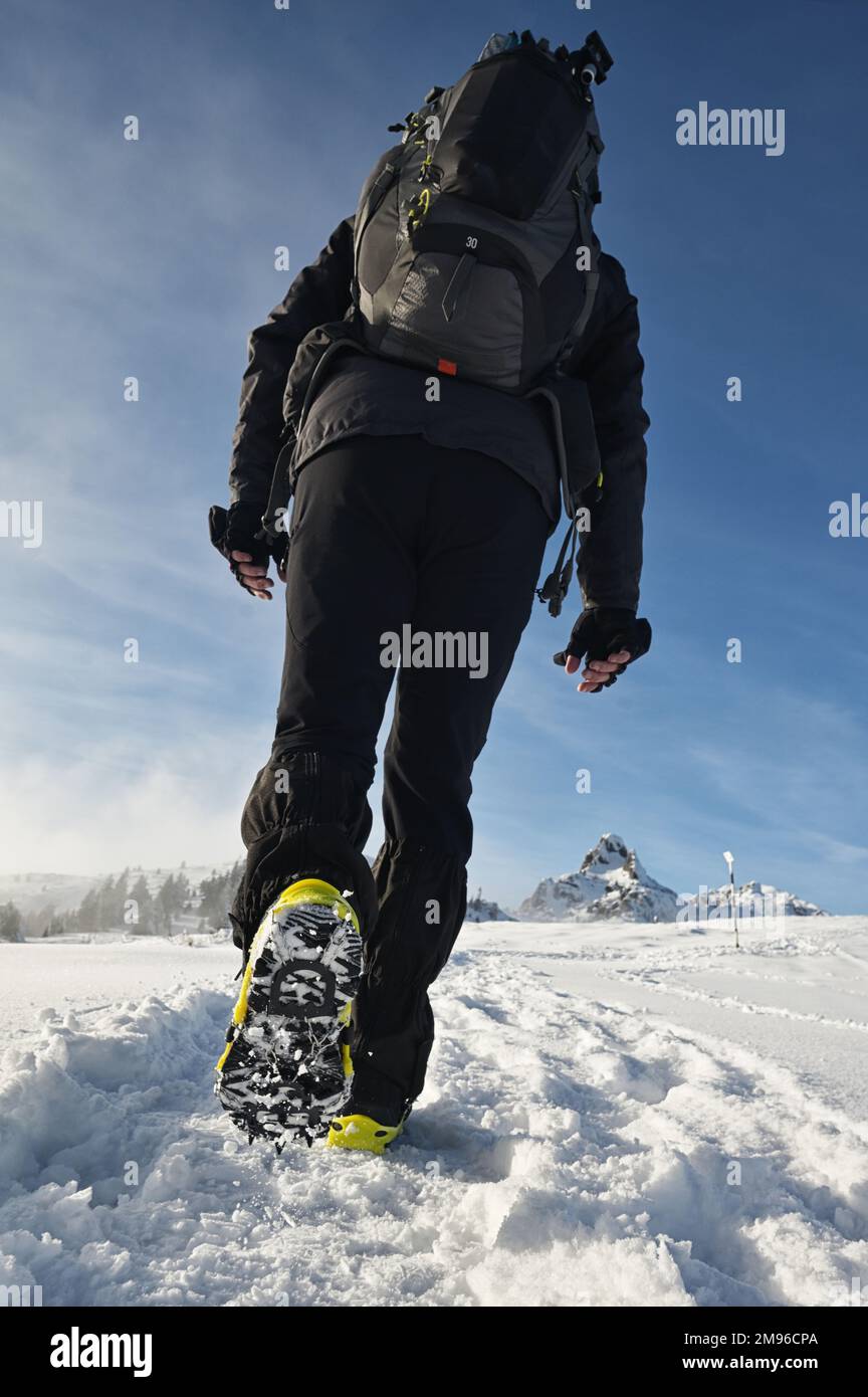 Man Walking On Snow With Shoe Spikes In Winter Time Stock Photo