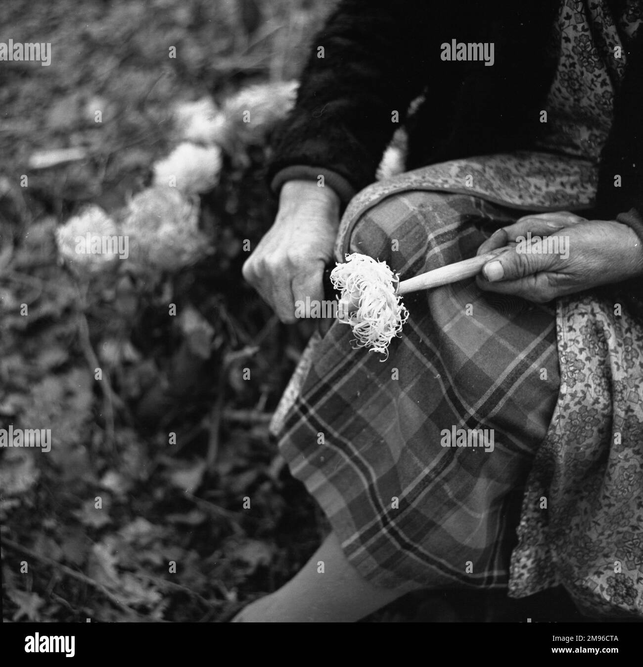 A close-up of a gipsy woman sitting in the open air with a washing up brush in her hand. Stock Photo