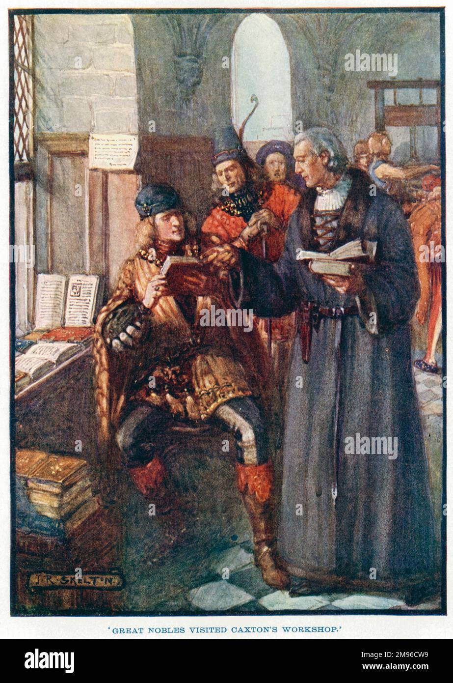 'Great nobles visited Caxton's workshop.' William Caxton (c.1422-1492), English merchant and printer, the first to introduce the printing press to England and the first English seller of printed books, is visited in his workshop by noblemen keen to look at his books. Stock Photo