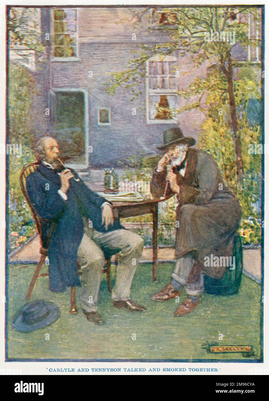 Alfred, Lord Tennyson (1809 - 1892) (left) and Thomas Carlyle (1795 - 1881) talking and smoking together in the garden of Carlyle's house. Stock Photo