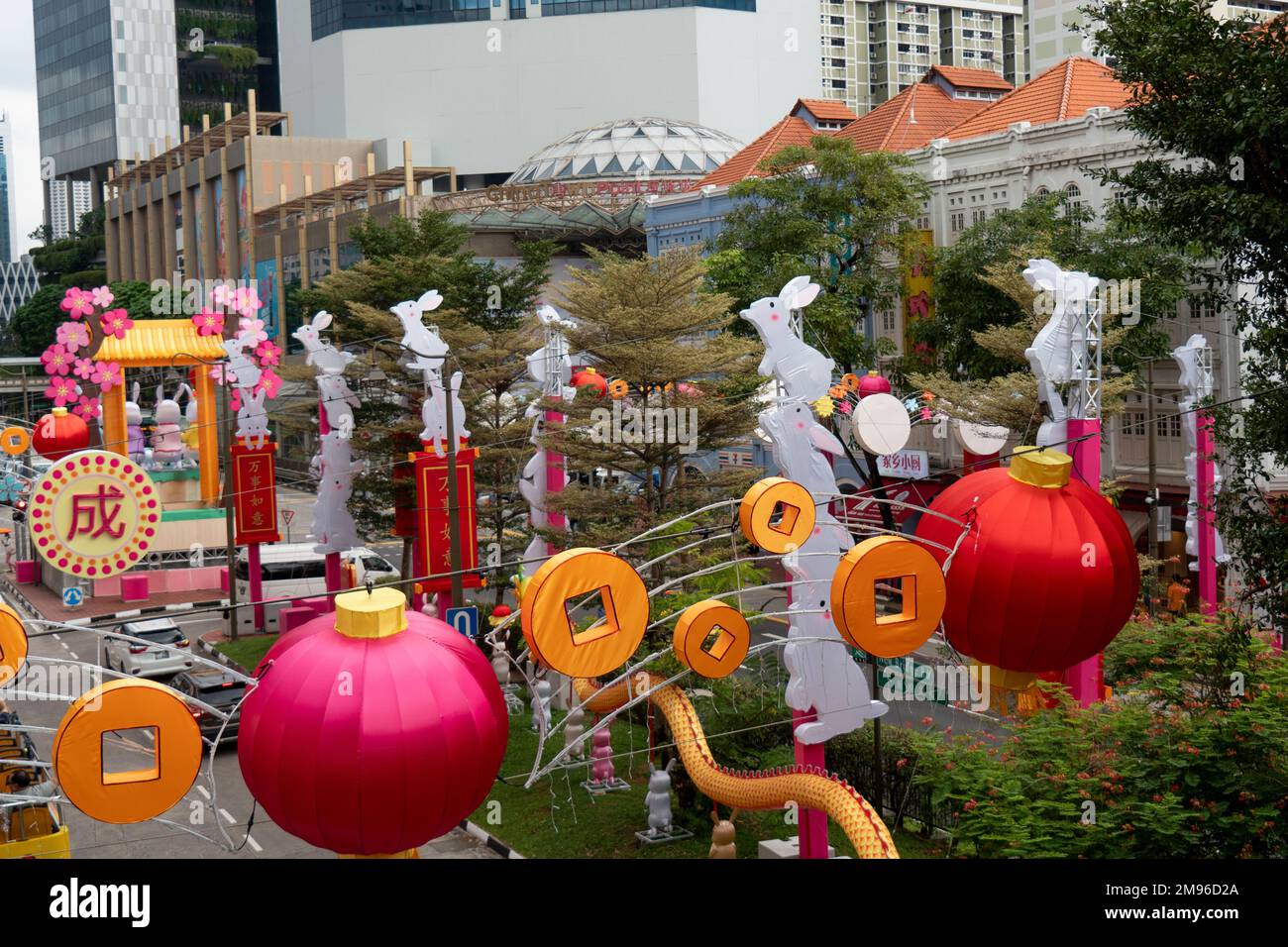 Chinese New Year decorations for Year of the Rabbit over New Bridge Road Chinatown Singapore. Stock Photo