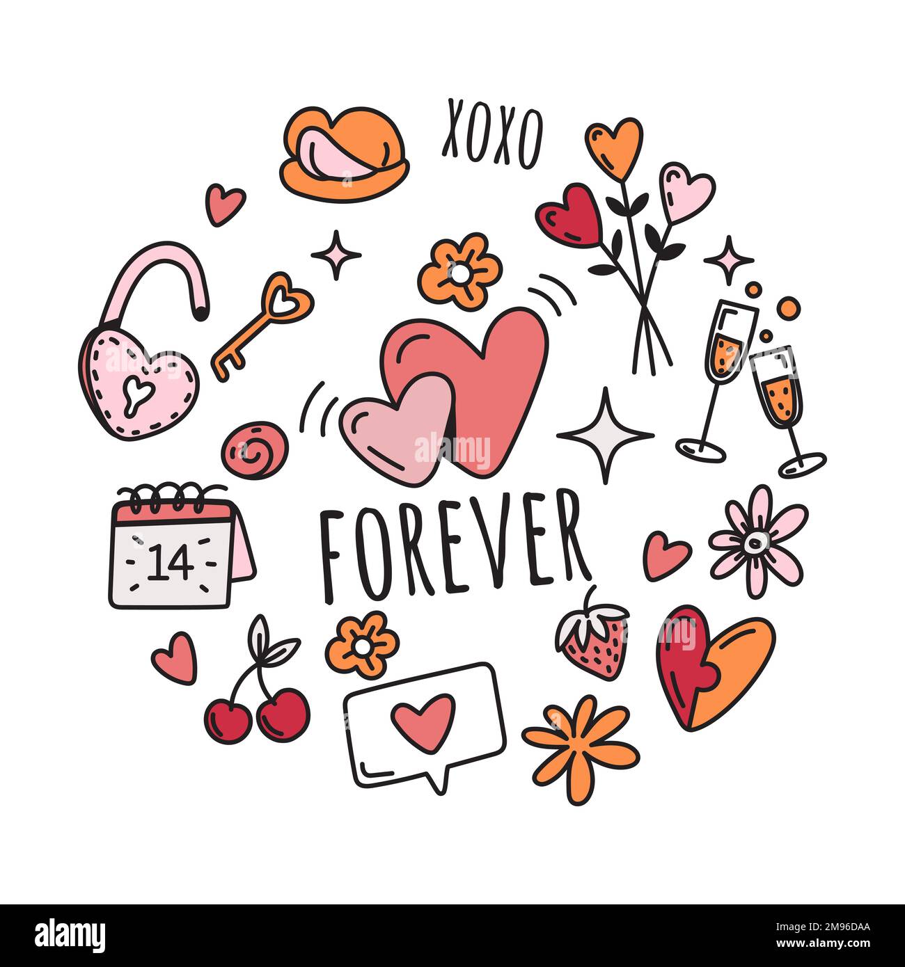 Vector valentines day elements in round composition in doodle style ...