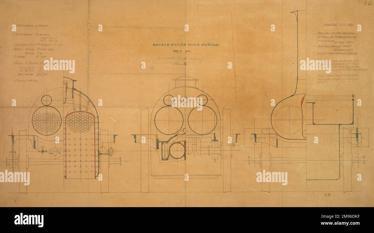 Double boiler tank engine, front elevation and sections Stock Photo