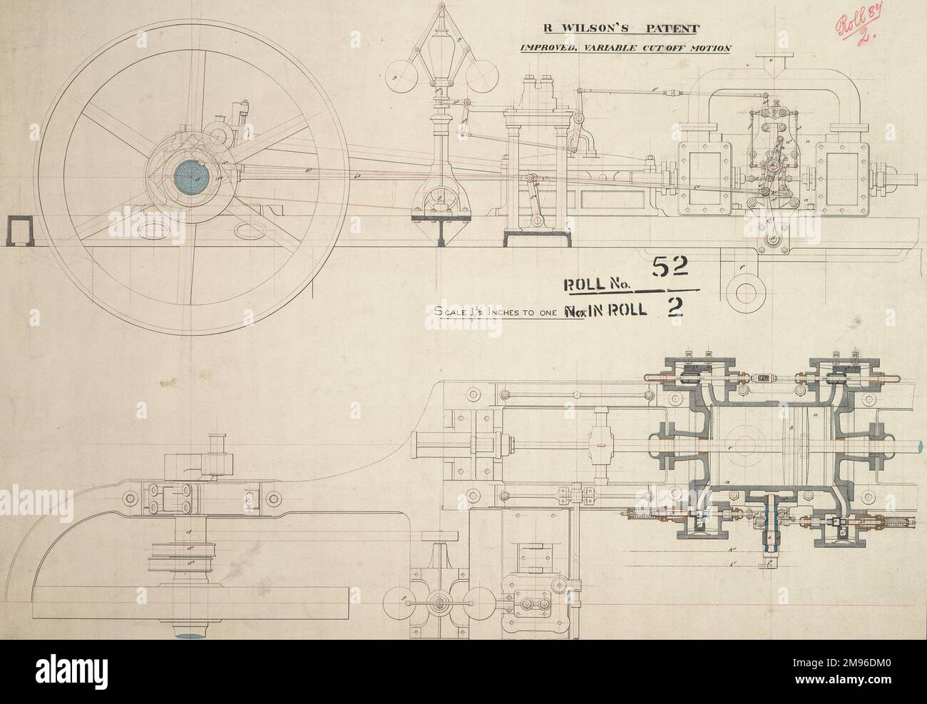 R Wilson's patent improved variable cut off motion, partial side elevation and horizontal sections Stock Photo