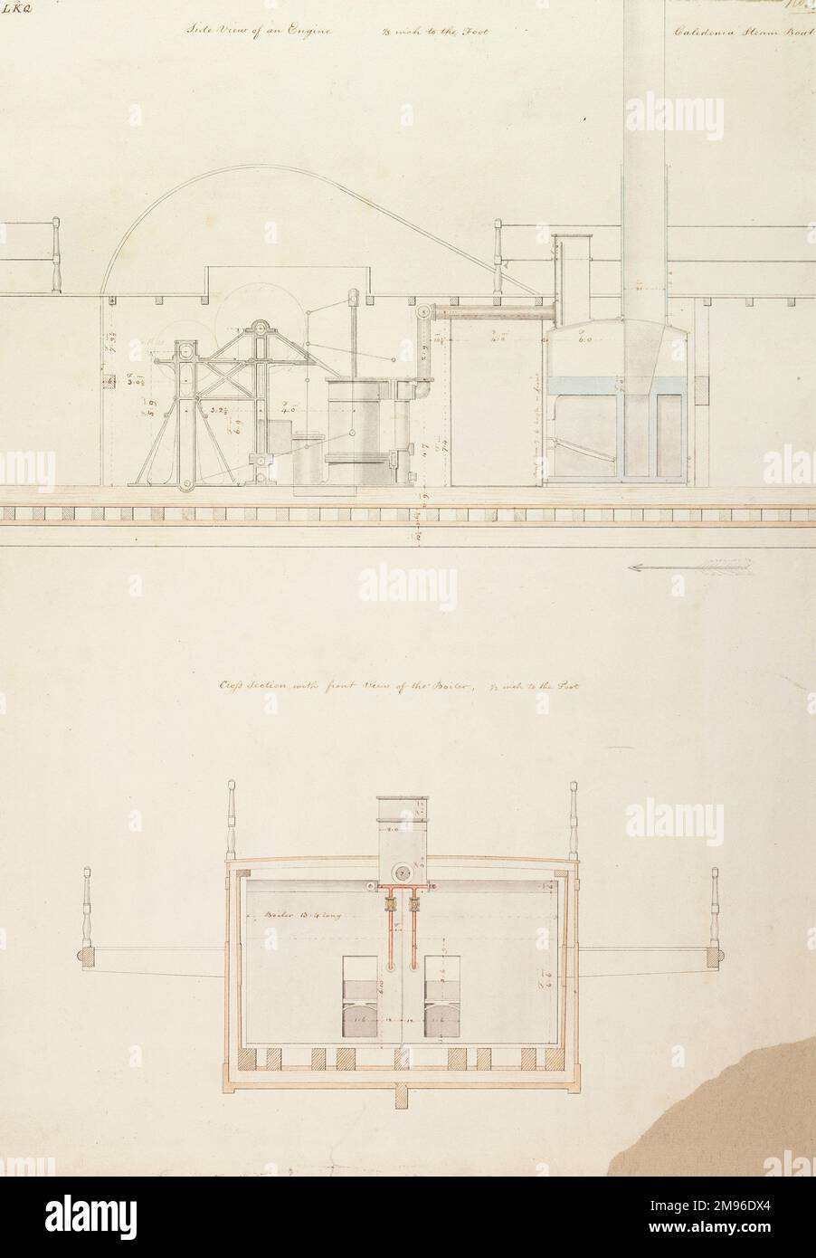 Caledonia steam boat, side view of an engine, cross section with front view of the boilers Stock Photo