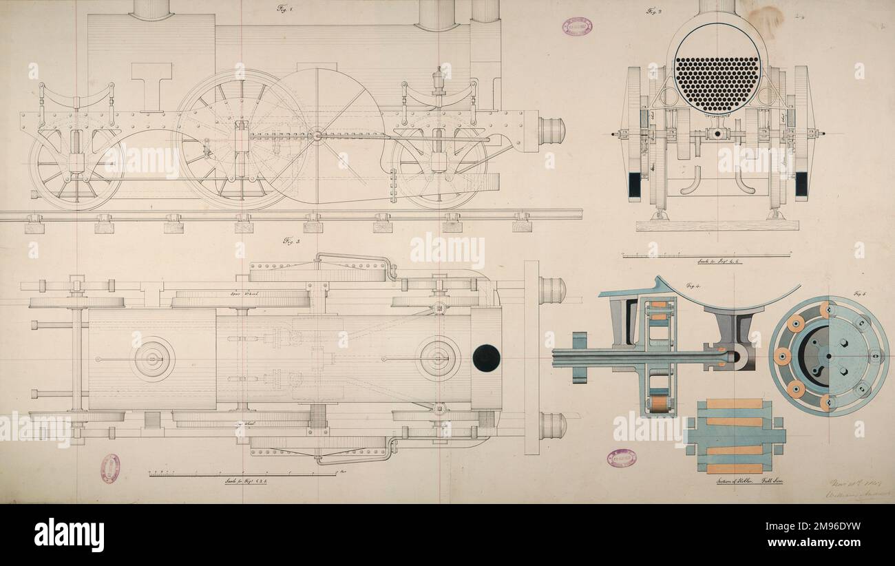 Steam turbine locomotive engine, plan, side elevation, cross section
