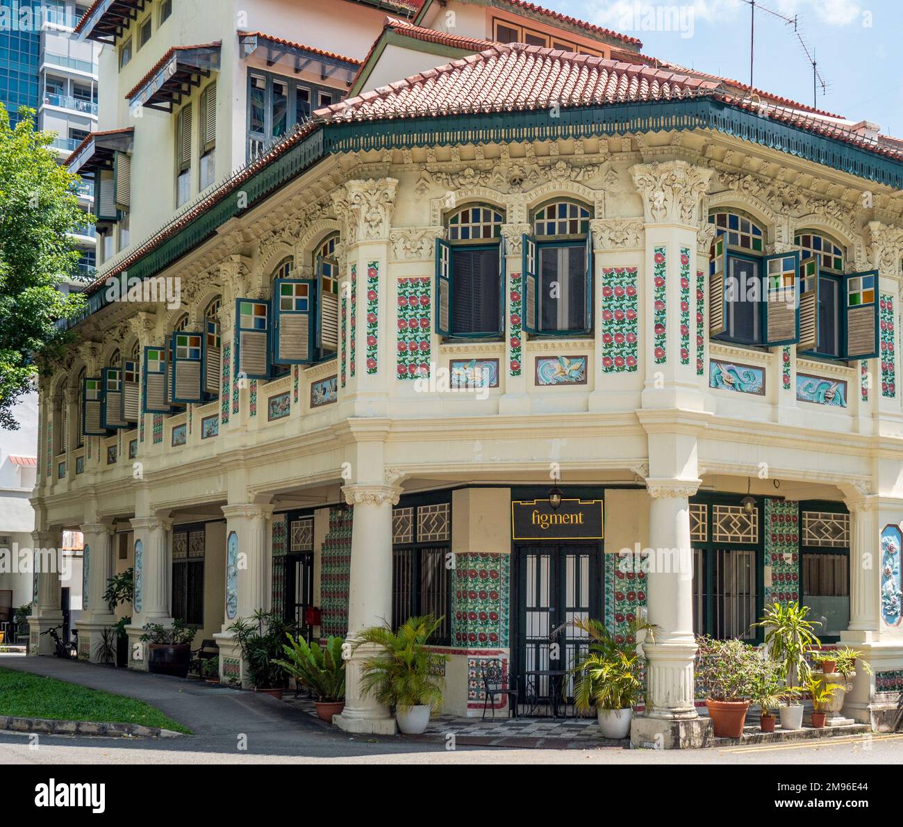 Chinese Baroque style of architecture of a row of shophouses is Petain Rd Singapore Stock Photo