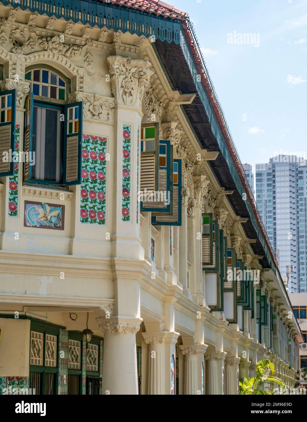 Chinese Baroque style of architecture of a row of shophouses is Petain Rd Singapore Stock Photo