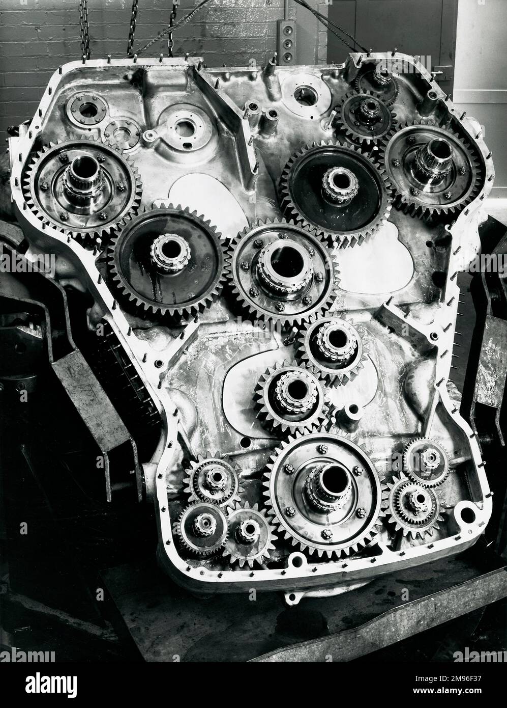 Deltic phasing gear casing opened to show the 3DP straight spur gear trains Stock Photo