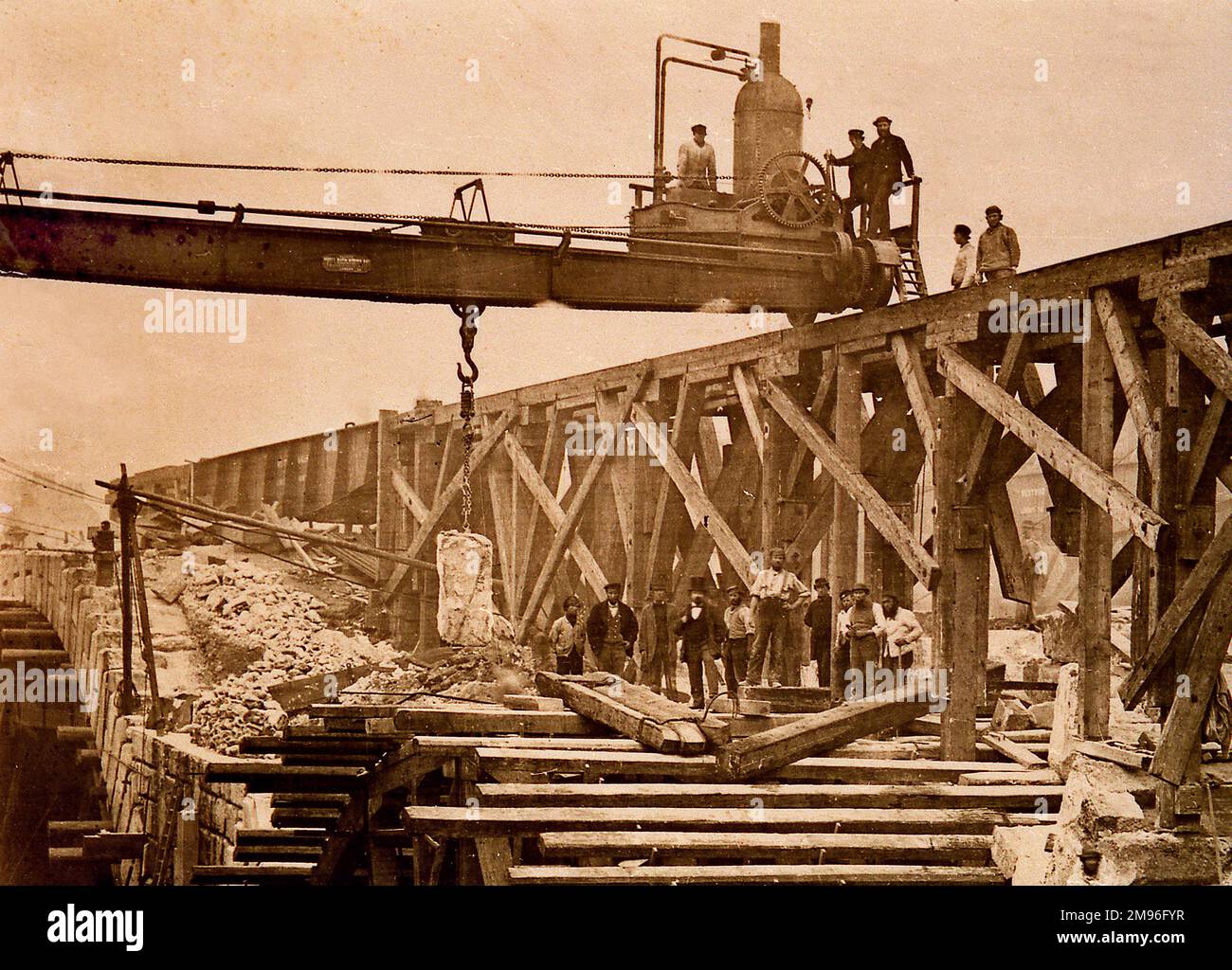 Patent travelling crane by Scott Burn Brown and Company, on Blackfriars bridge, London, 1863 Stock Photo