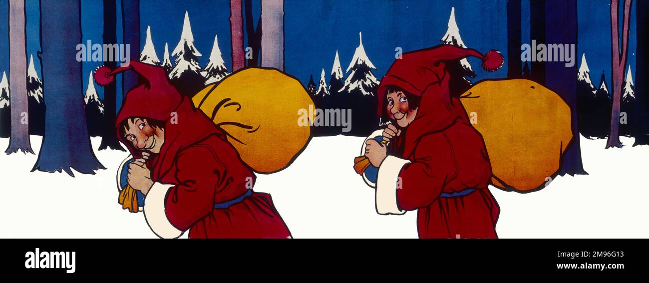 Two mischievous looking elves dressed in Father Christmas hooded red suits creep through the snow carrying sacks presumably bulging with presents for good boys and girls Stock Photo Alamy