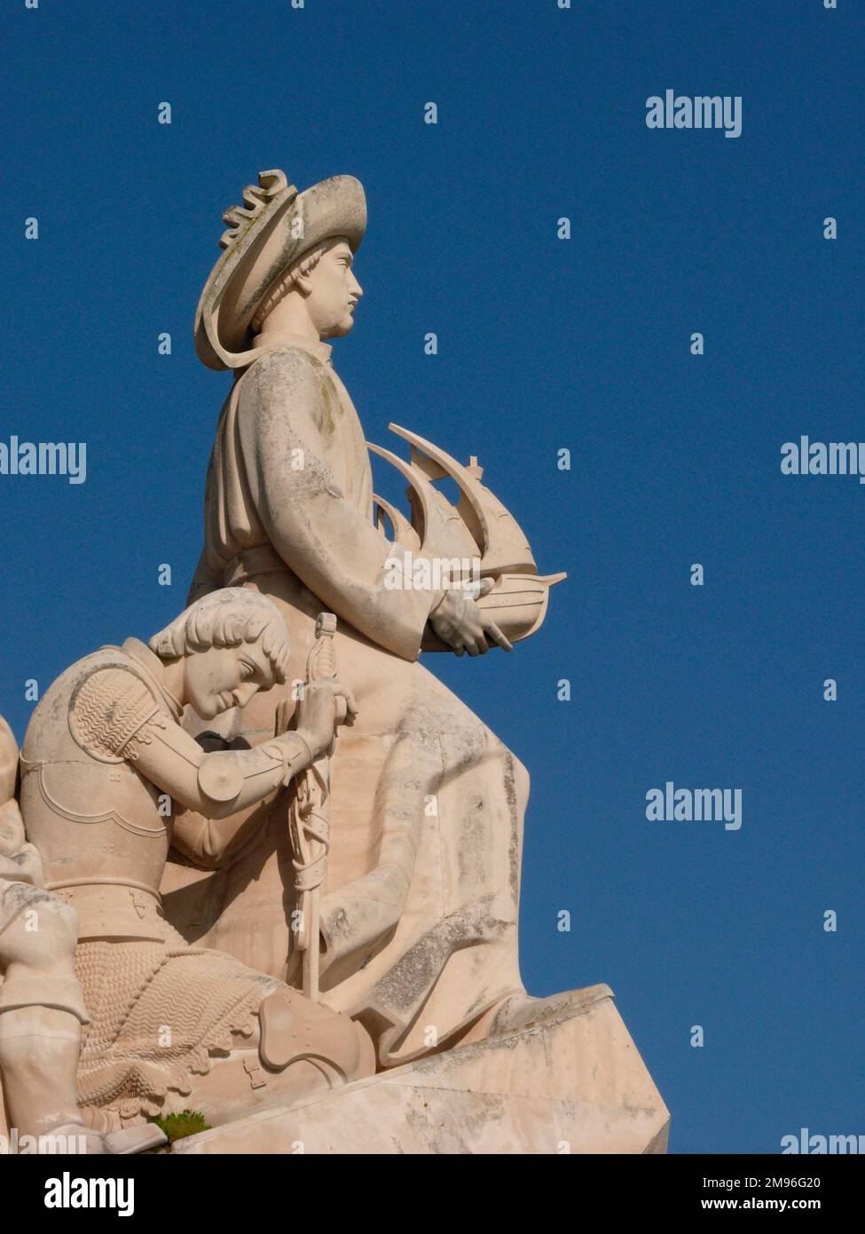 Portugal, Lisbon, Belem: Monument to the Discoveries (Padrão dos Descobrimentos) (detail). Henry the Navigator (right) and The Saint Prince Ferdinand are depicted here. Stock Photo