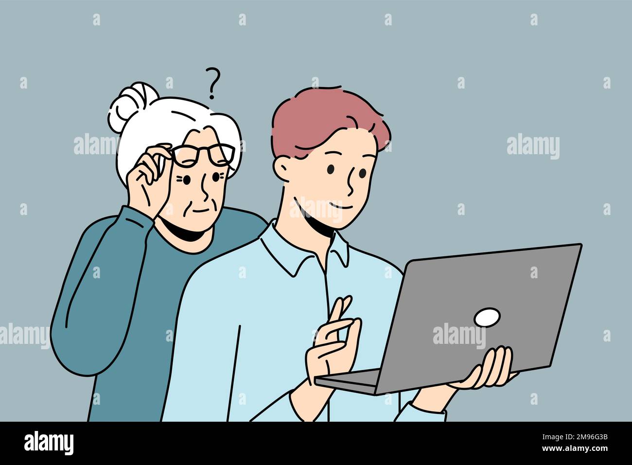 Millennial grandson help confused older grandmother with laptop problem. Caring guy assist mature grandma with compute. Elderly and technology. Vector illustration.  Stock Vector