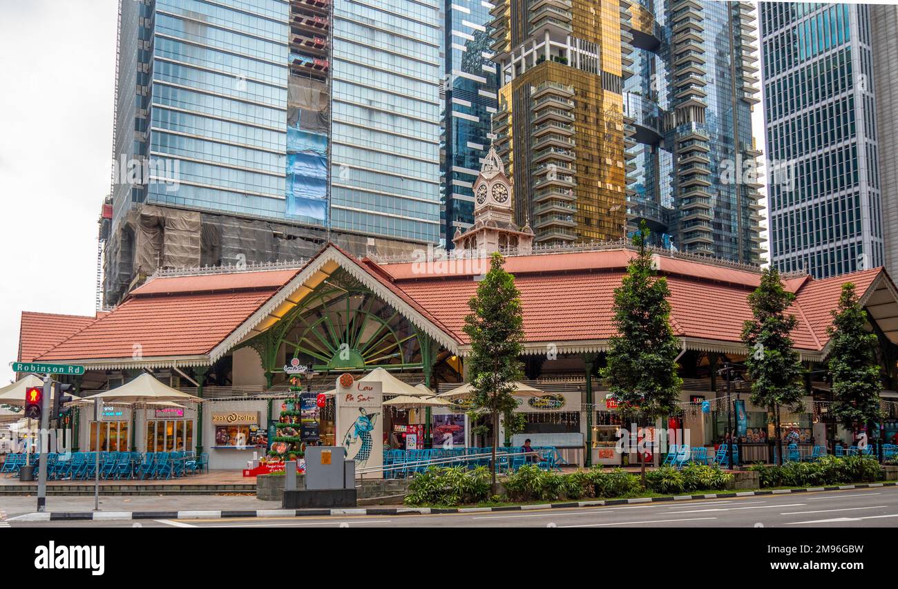 Lau Pa Sat Hawker Centre and high rise residential and office towers Singapore Stock Photo