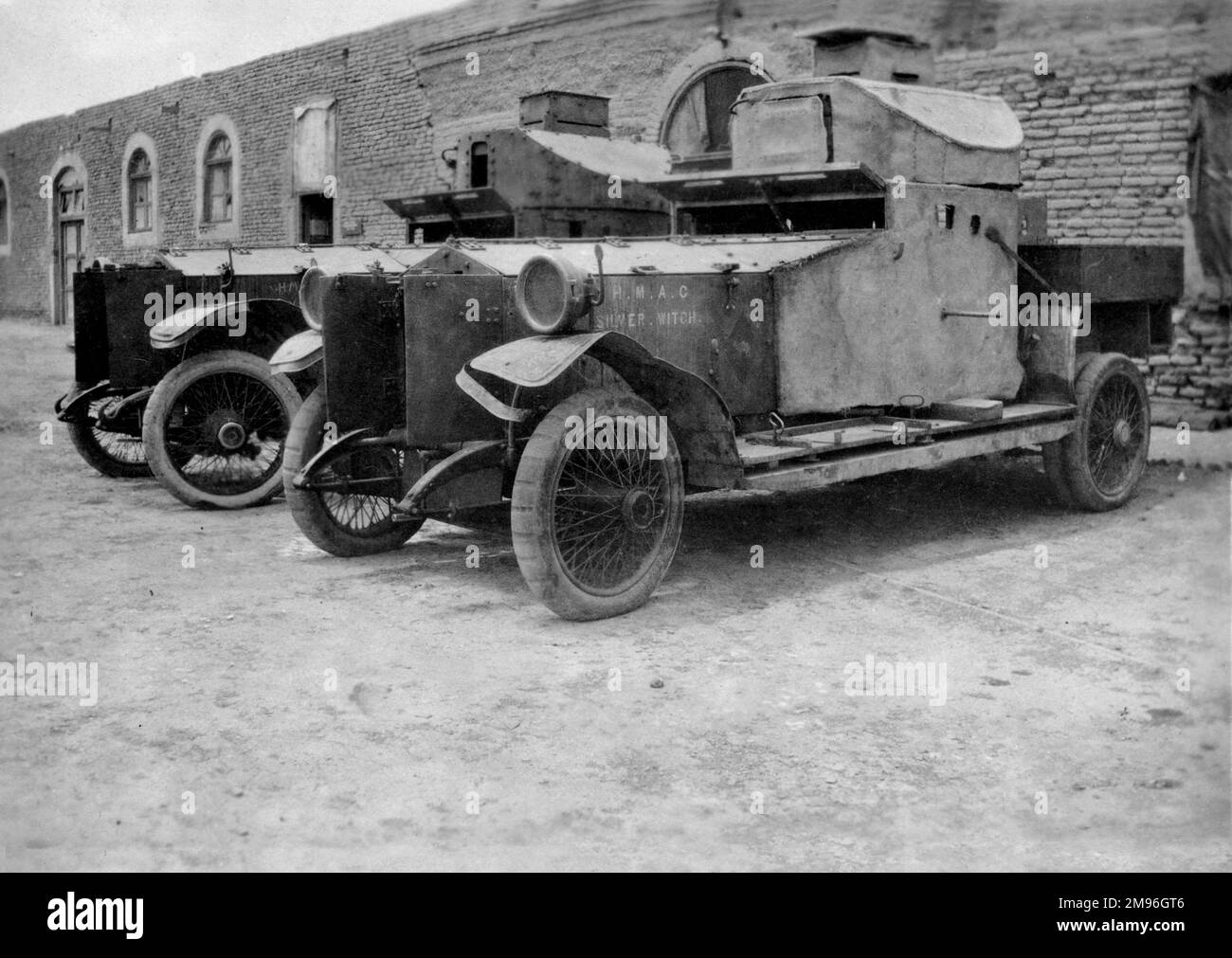 WW1 - Two armour plated army vehicles, labelled HMAC Silver Witch. Stock Photo