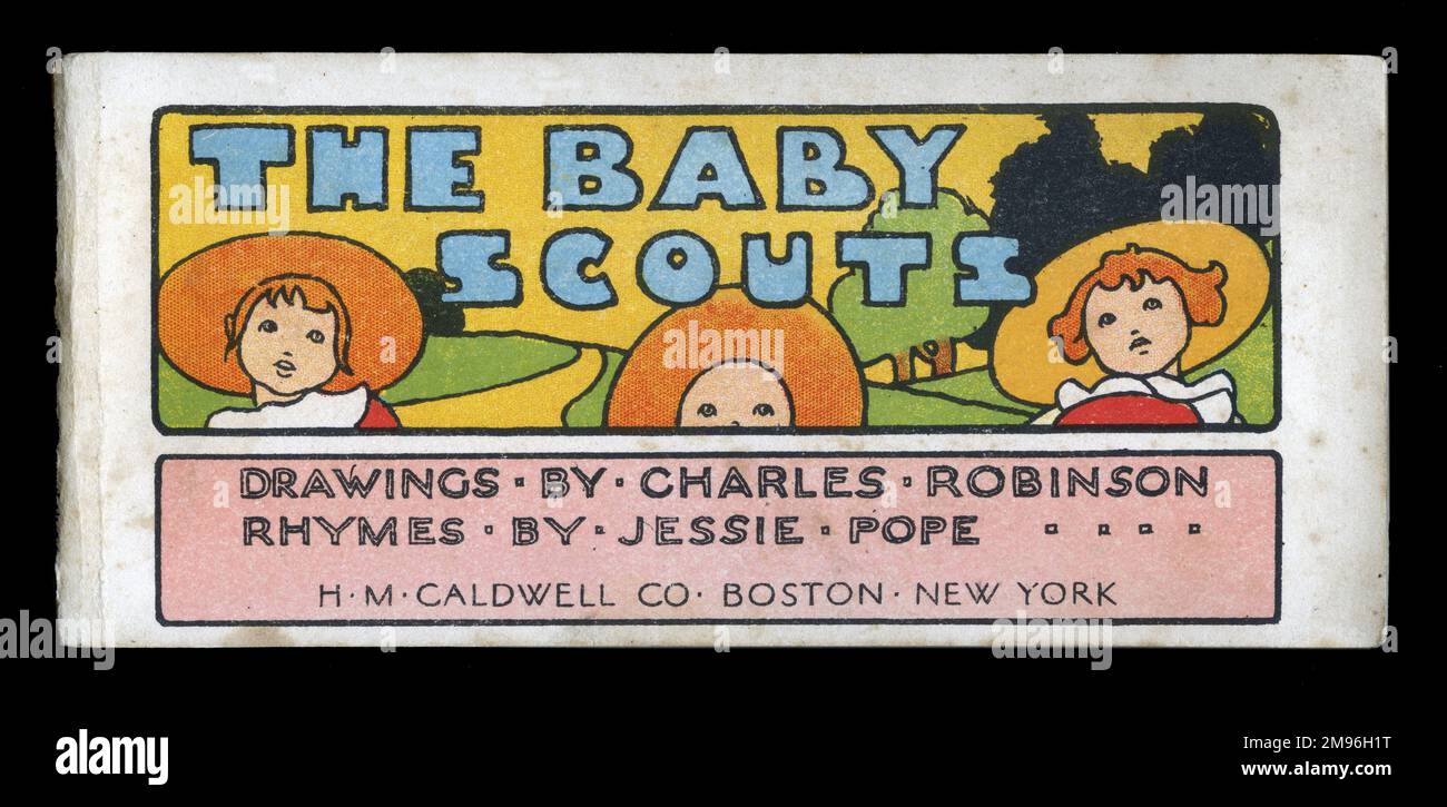 Baby Scouts -- title page design, showing three scouts in wide-brimmed hats. Stock Photo