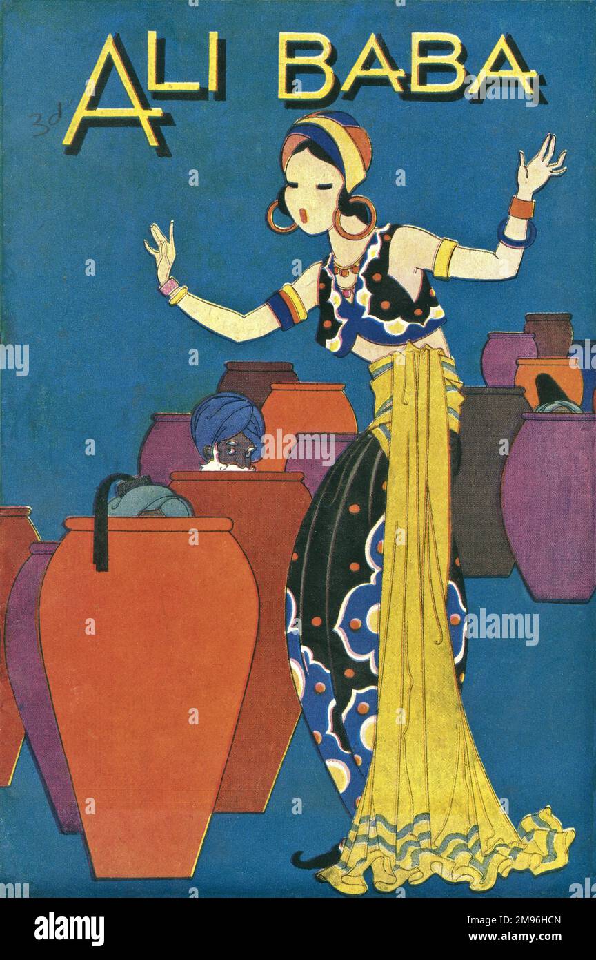 Design or illustration to the Arabian Nights story of Ali Baba and the Forty Thieves, featuring a slim woman in eastern costume, discovering men hiding in jars. Stock Photo
