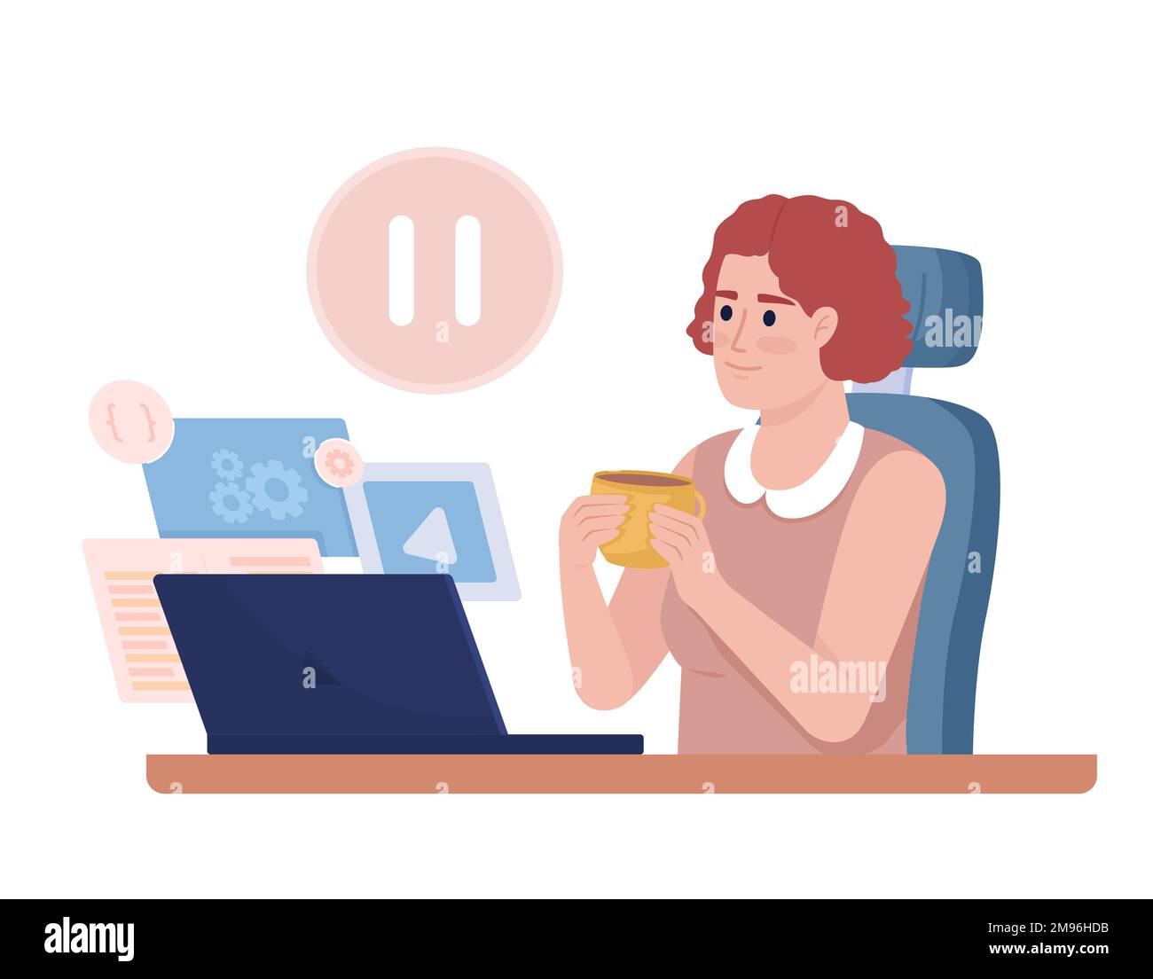 Female freelancer taking time off semi flat color vector character Stock Vector