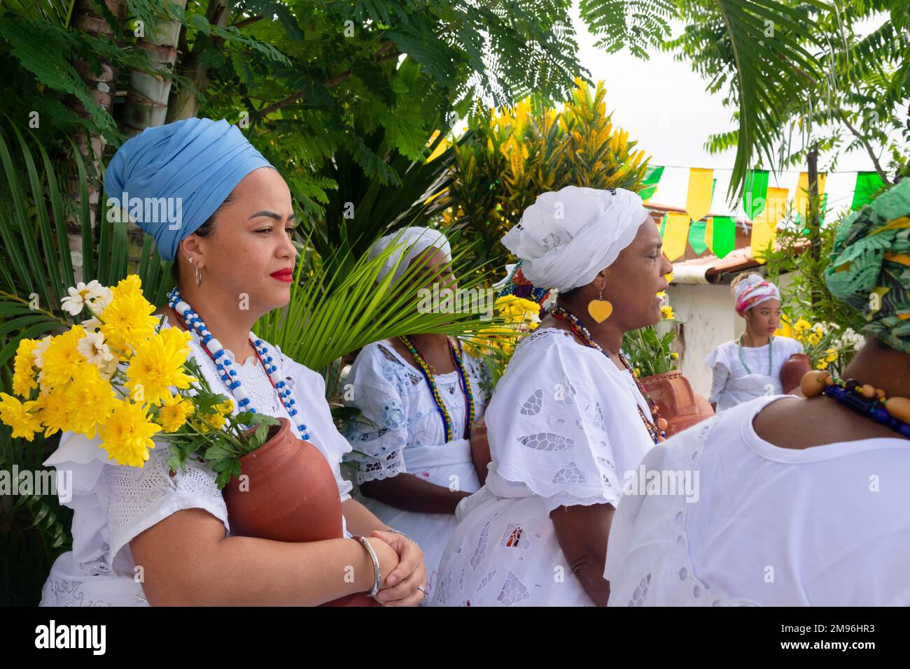The candomble members gathered in traditional clothes for the religious festival Stock Photo