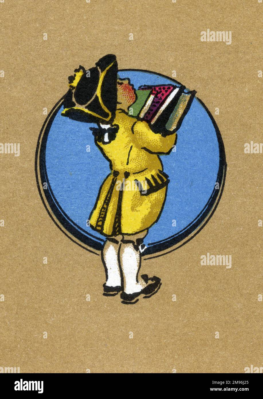 Illustration on Library List booklet, depicting a little page boy in yellow, carrying a pile of