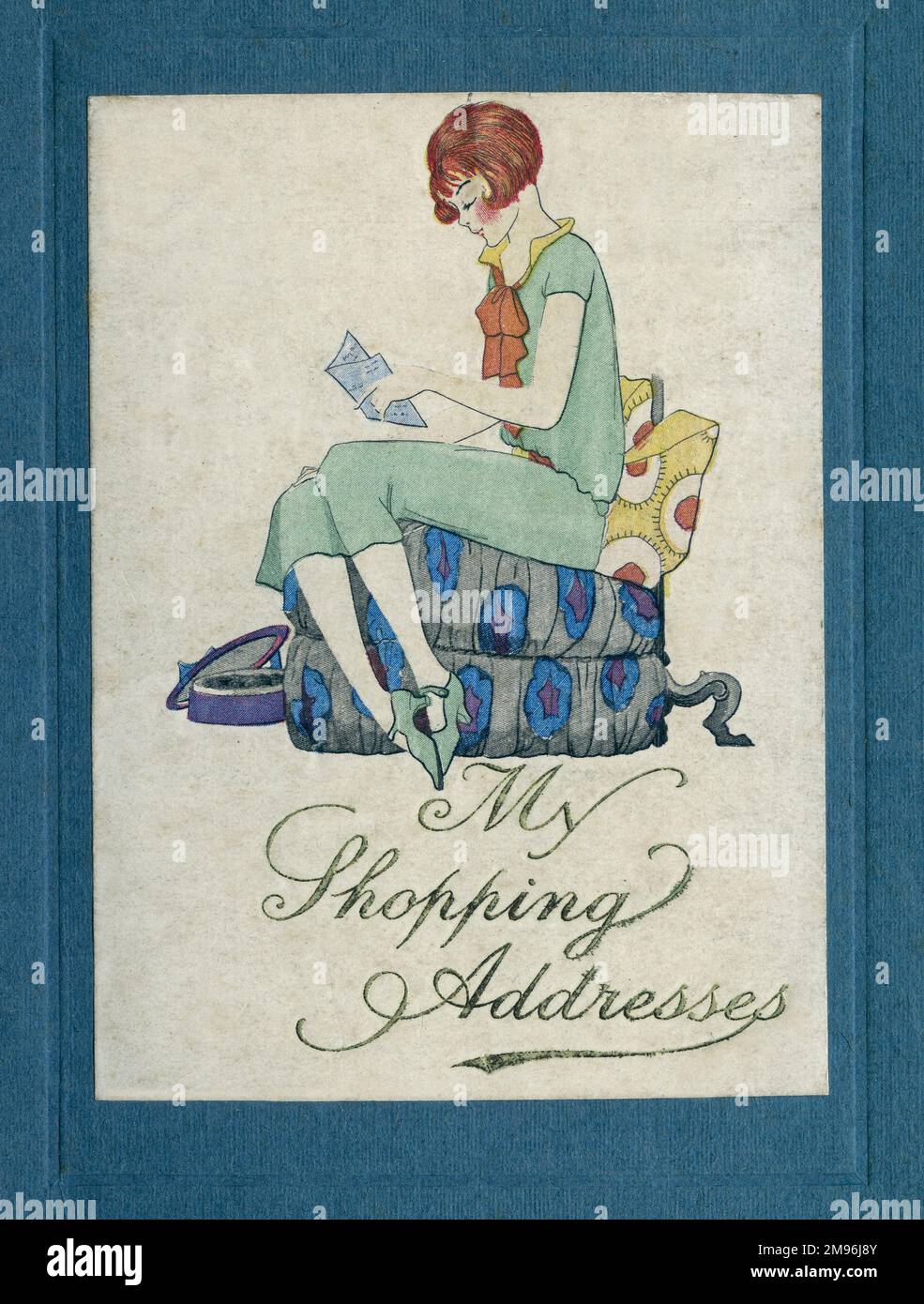 Cover design for an address book, My Shopping Addresses, depicting a young woman sitting on a low stool reading a letter. Stock Photo